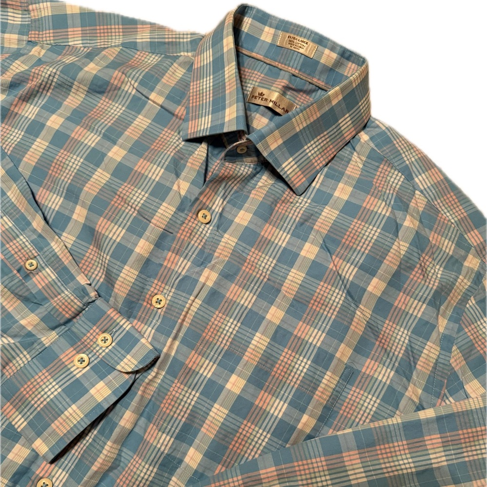 Peter Millar Blue and Cream Plaid Button Down Shirt